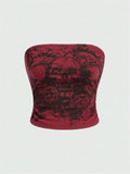 Skull Printed Off the Shoulder Tube Top for Women Summer Sexy Goth Y2K Clothes Slim Fit Crop Top Streetwear Club Wear