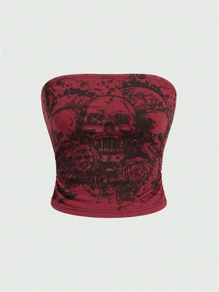 Skull Printed Off the Shoulder Tube Top for Women Summer Sexy Goth Y2K Clothes Slim Fit Crop Top Streetwear Club Wear
